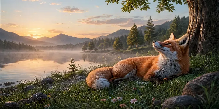 Räven vilar under trädet vid sjön medan solen går upp över bergen.