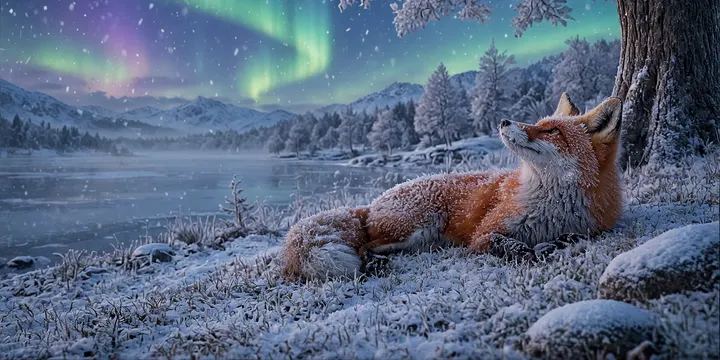 Samma plats om vintern. Snö över marken och norrsken över den frusna sjön.