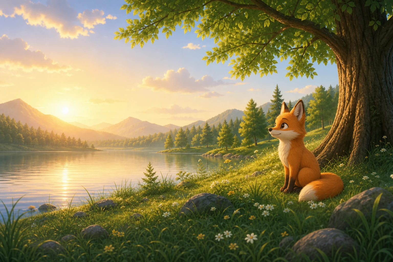 Illustration av den lugna naturmiljön och räven som håller platsen sällskap i Mitt Hem.