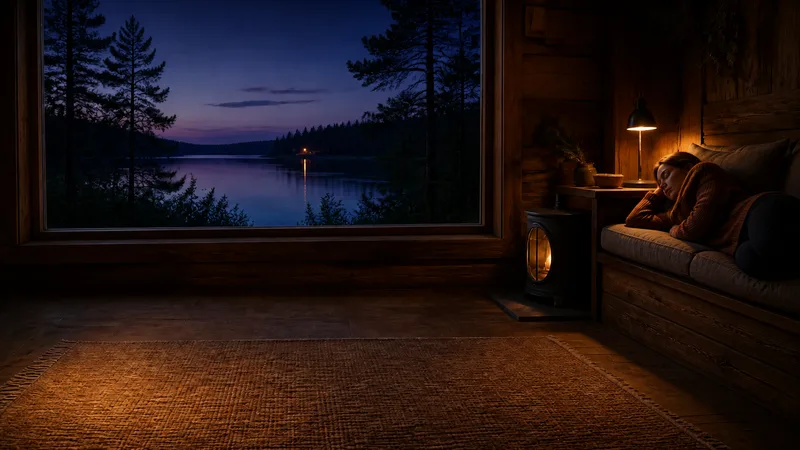 En varm och stilla stuginteriör vid sjön på kvällen.