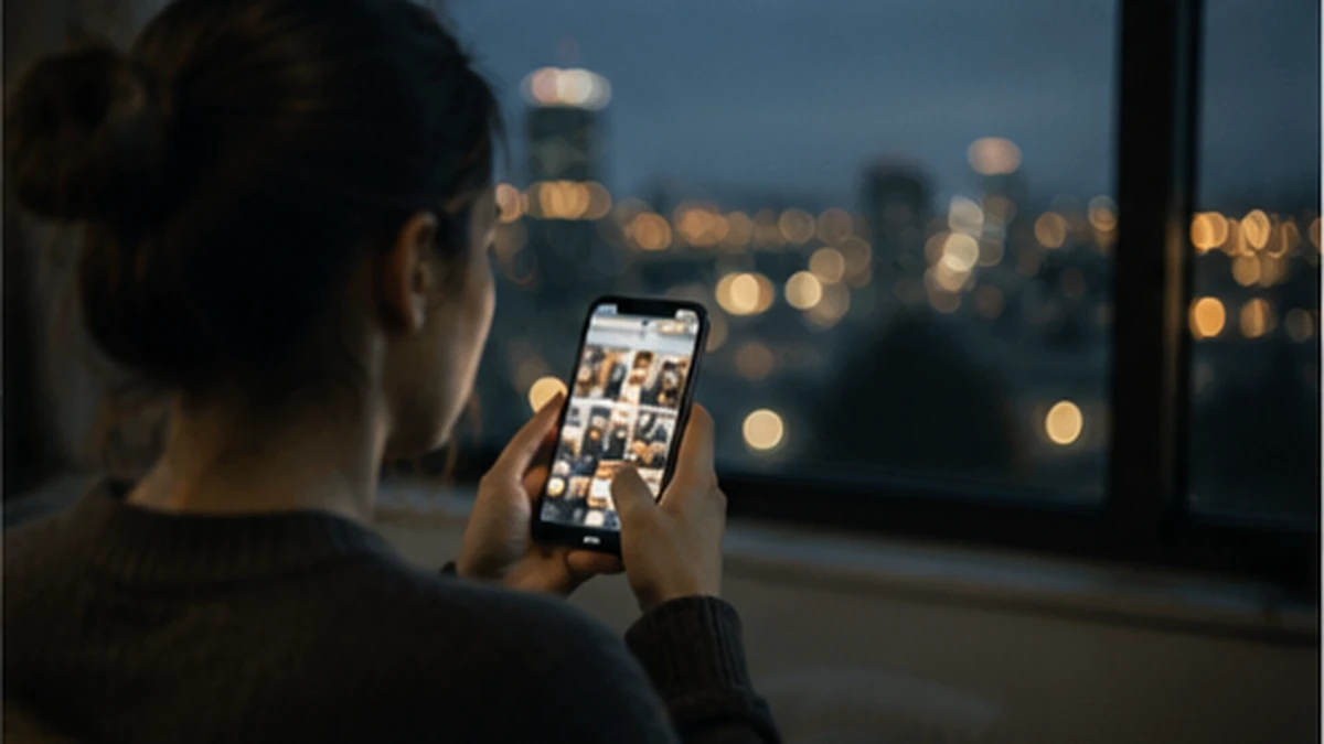 En kvinna håller en telefon med ett bildflöde framför ett fönster med stadens ljus i kvällsmörker.