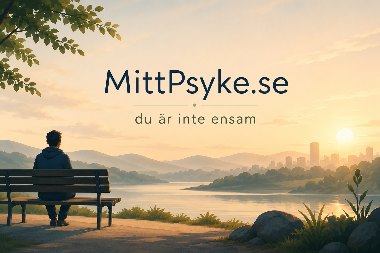 En person sitter ensam på en parkbänk och blickar ut över en lugn sjö i soluppgång. Bilden symboliserar oro, stress, eftertanke och hopp om återhämtning.