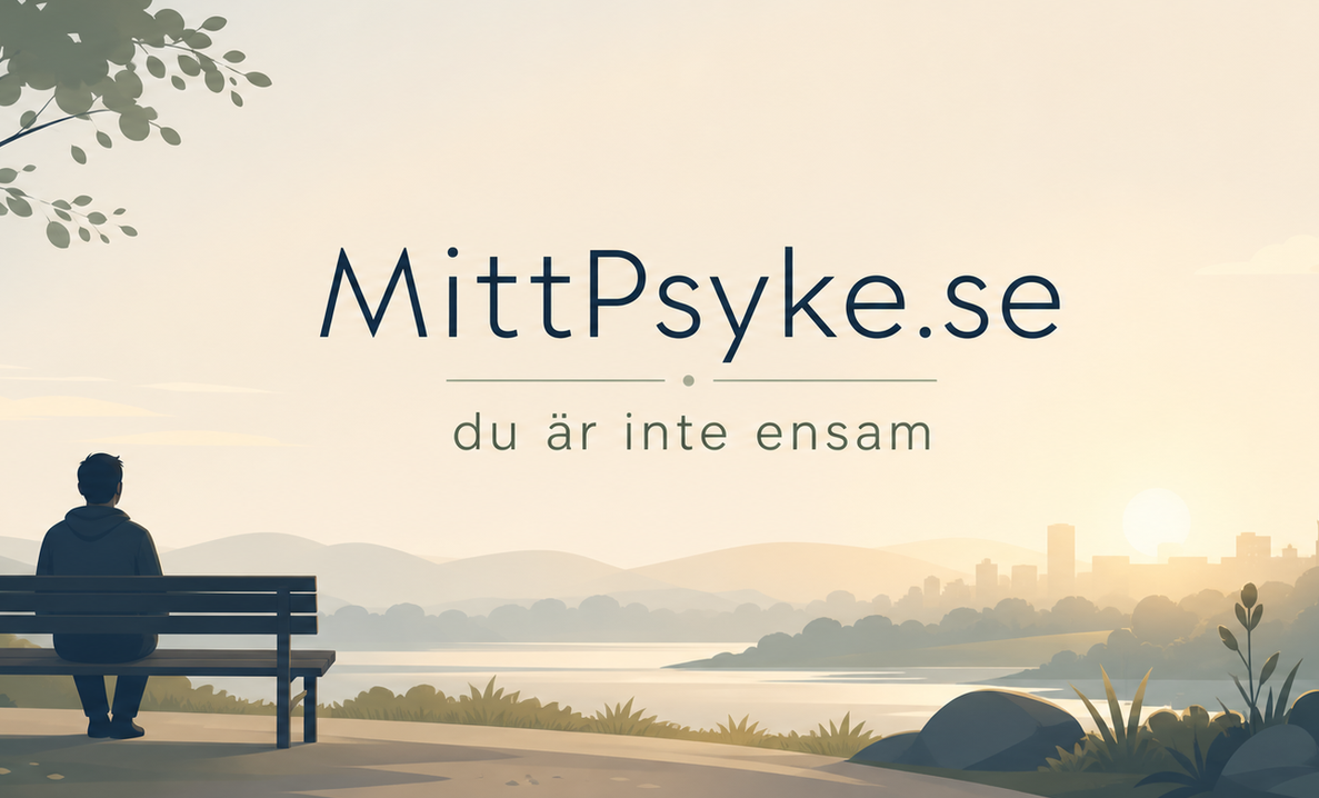En ensam man sitter på en bänk vid vattnet i kvällsljus, med texten ”MittPsyke.se – du är inte ensam”.