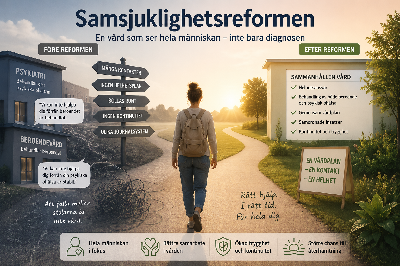 Illustration som symboliserar Samsjuklighetsreformen och en mer sammanhållen vård för personer med psykisk ohälsa och beroendesjukdom.
