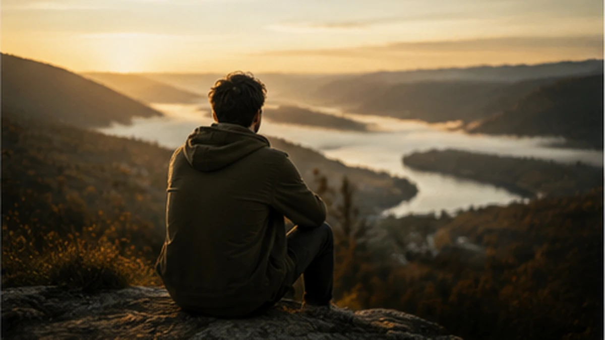 En person sitter på en klippa och ser ut över en dimmig floddal i lågt solljus.